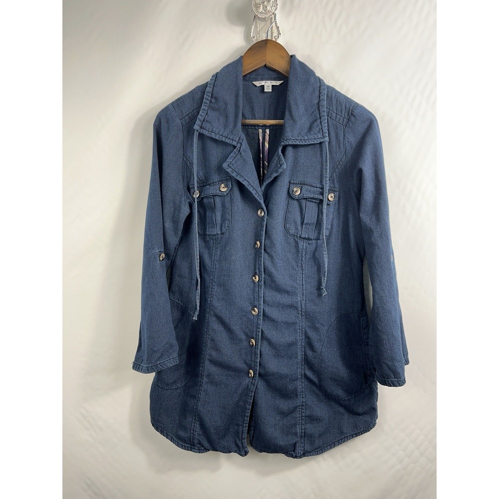 CAbi‎ Tunic Jacket #340 Medium Blue 100% Cotton Chambray Button Front Tie